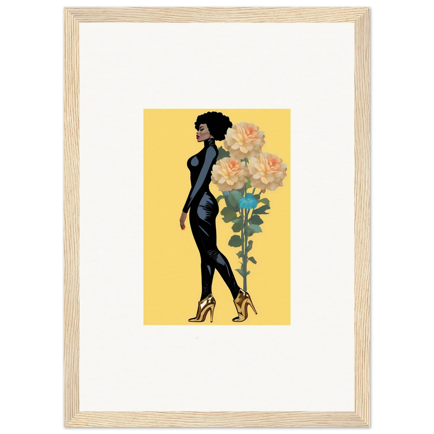 Stylized woman in black dress with yellow roses, perfect for blooming attire canvas print