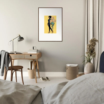 Framed canvas print of a stylized figure on yellow, perfect for blooming attire room decoration