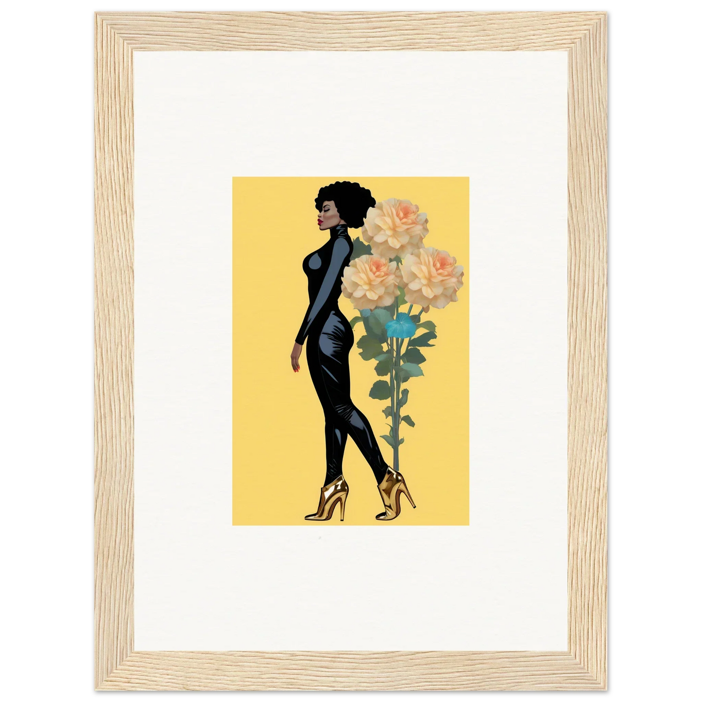 Stylized woman in a black dress beside large yellow flowers for blooming attire canvas print