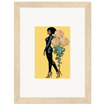 Stylized woman in a black dress beside large yellow flowers for blooming attire canvas print