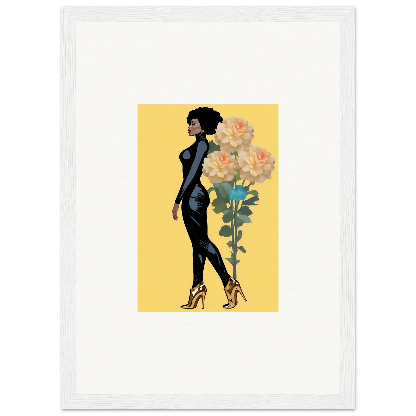 Silhouette of a woman in blooming attire with roses on a yellow canvas print