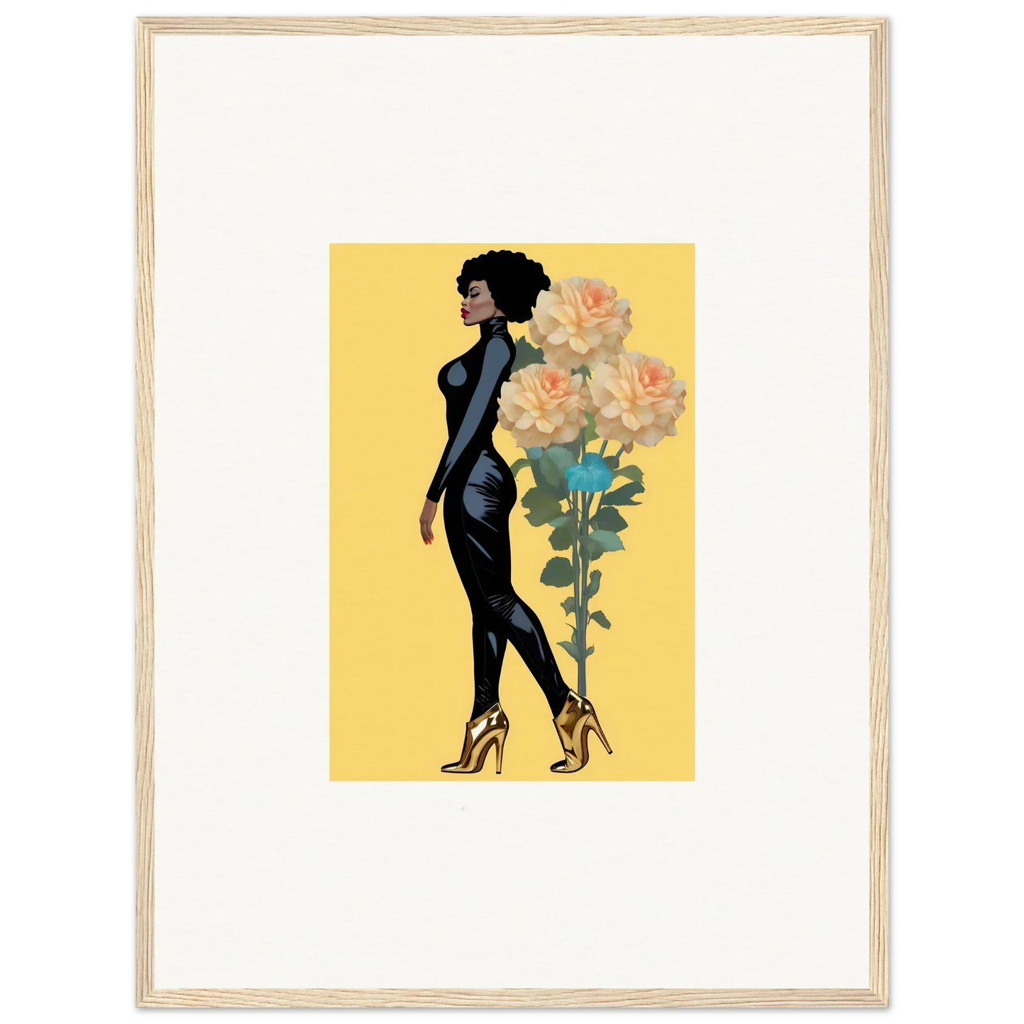 Stylized silhouette of a woman in heels beside tall floral stem for blooming attire canvas print