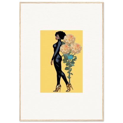 Stylized illustration of a woman in a black dress next to flowers, perfect for blooming attire vibes