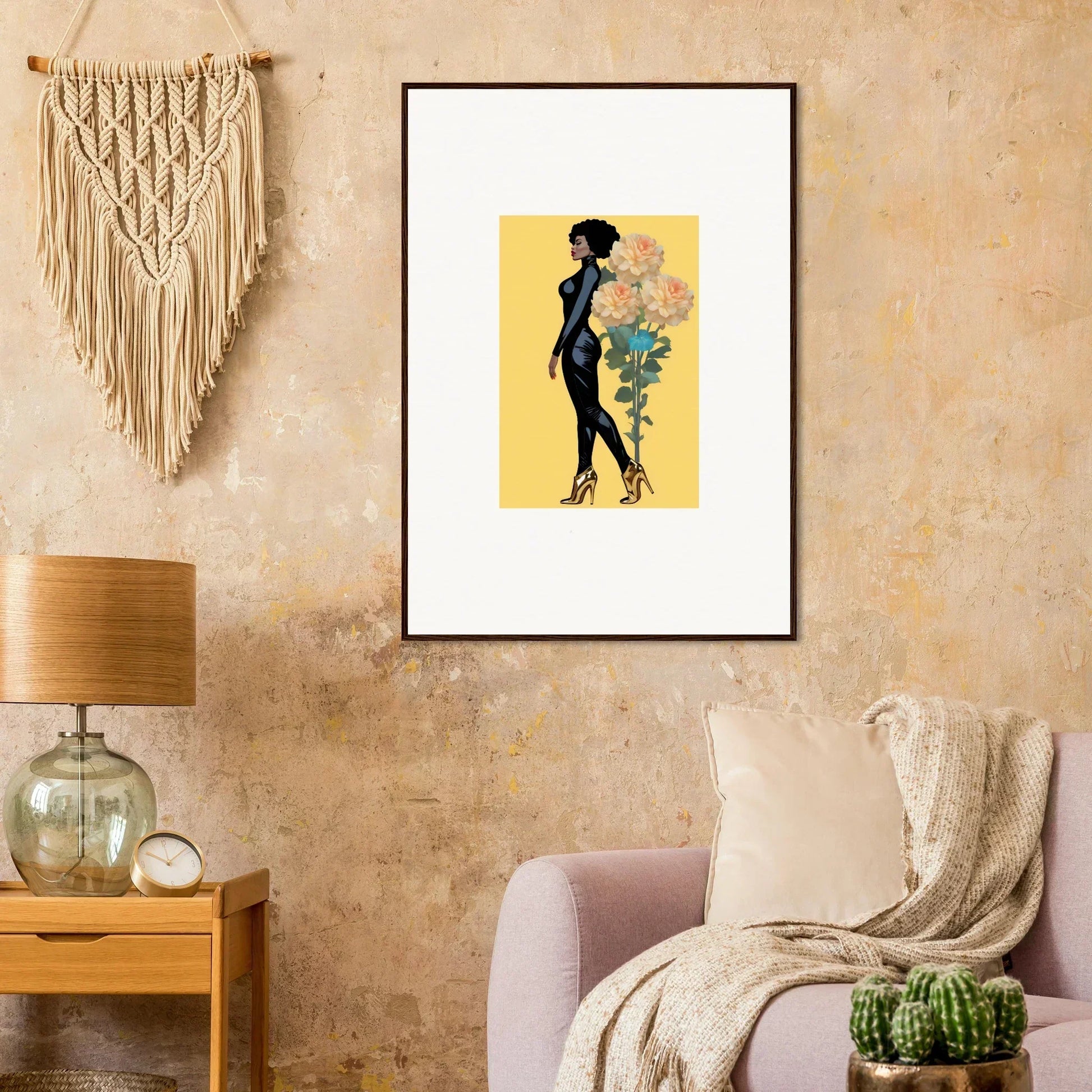 Framed canvas print of a woman silhouette with vibrant florals for blooming attire room decoration