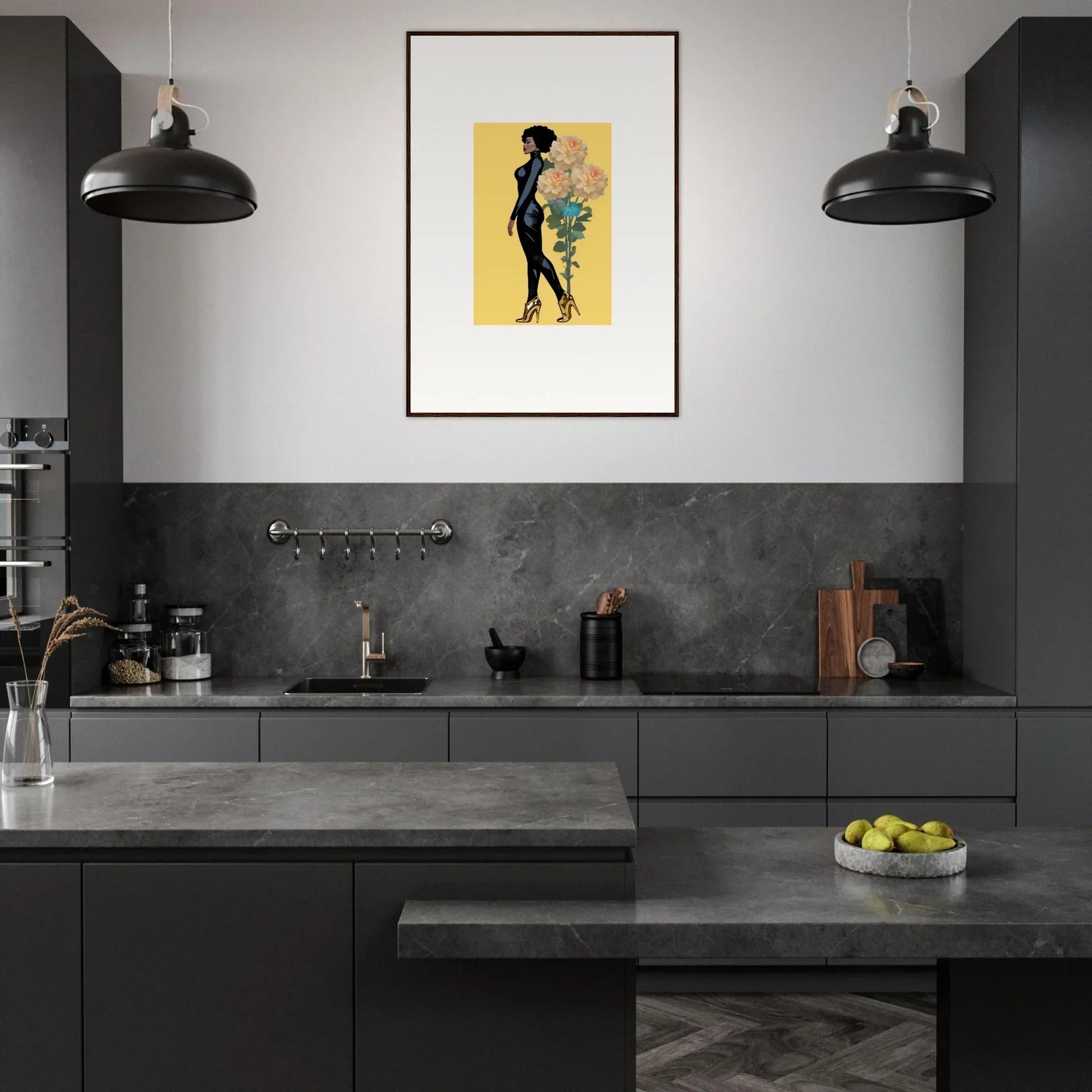 Modern kitchen with dark cabinets and vibrant yellow canvas print for blooming attire room decoration