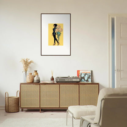 Framed canvas print of woman silhouette on yellow, perfect for blooming attire room decoration