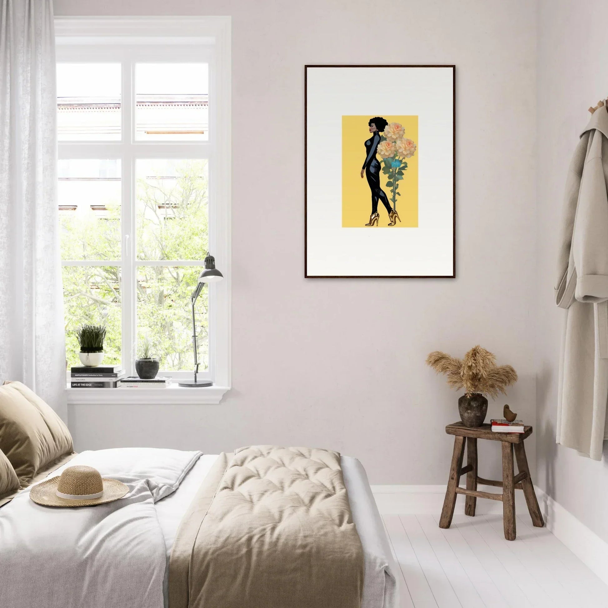 Framed canvas print of a black figure on yellow for vibrant room decoration or blooming attire