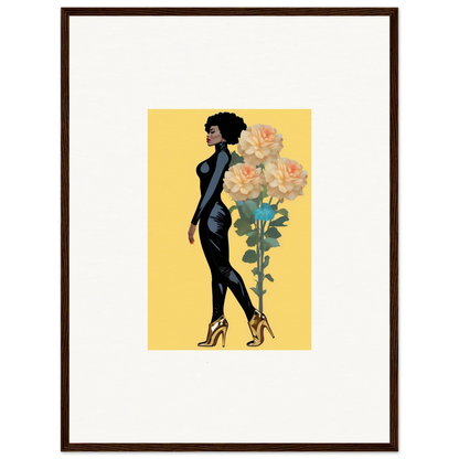 Stylized illustration of a Black woman in blooming attire beside a tall floral arrangement