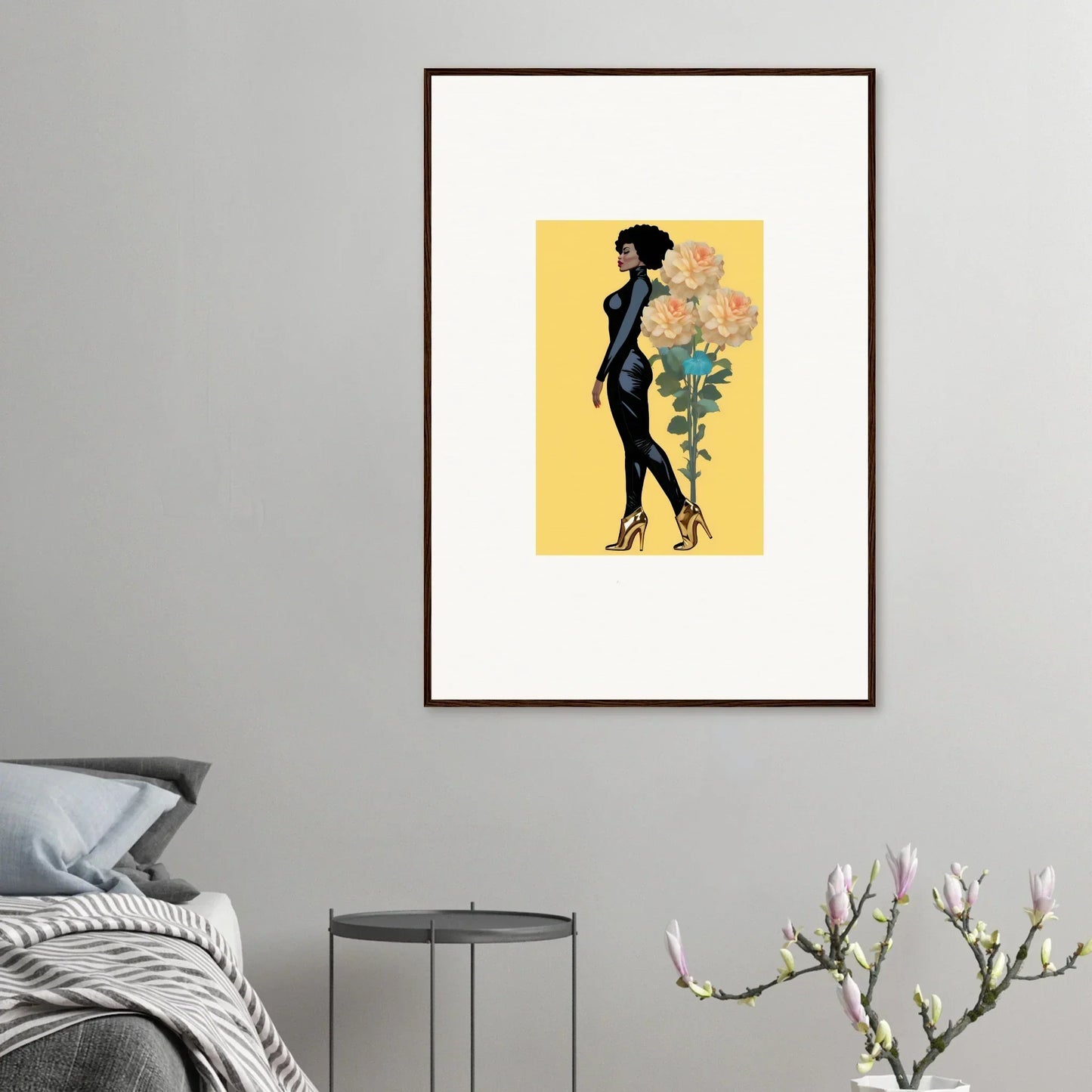 Framed canvas print of a woman with flowers, perfect for blooming attire room decoration