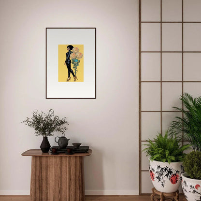 Framed canvas print of a silhouette on yellow, perfect for blooming attire room decoration