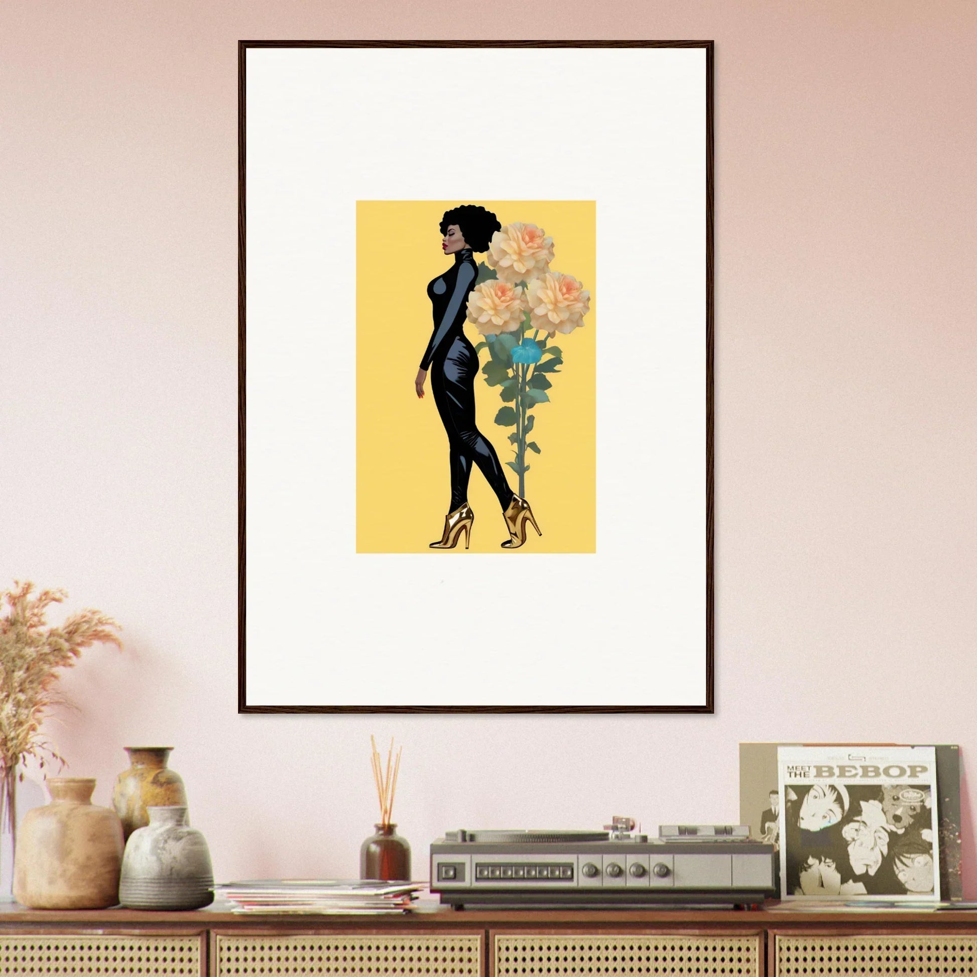 Framed canvas print of a female silhouette with floral elements for blooming attire room decoration