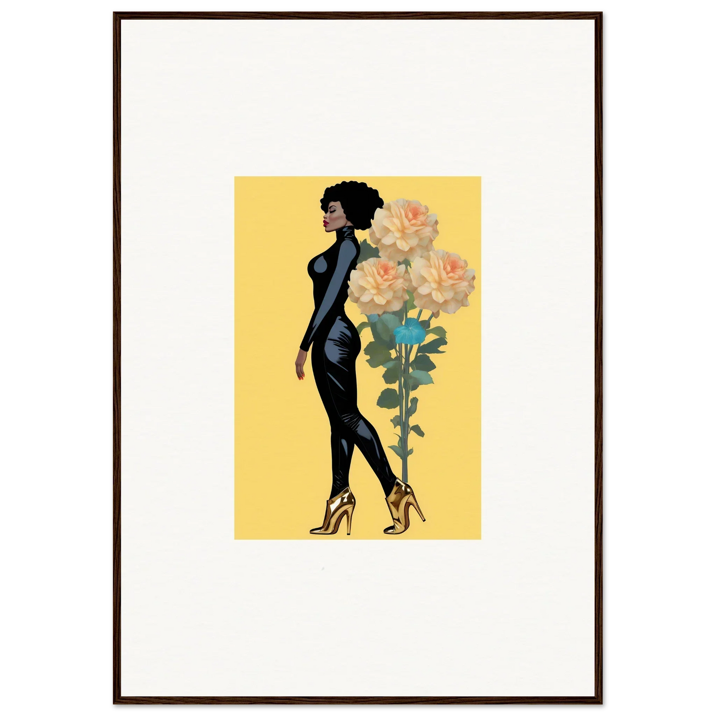 Stylized illustration of a woman in a black dress beside big flowers for blooming attire