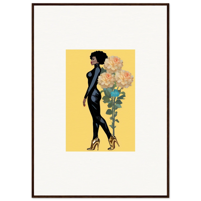 Stylized illustration of a woman in a black dress beside big flowers for blooming attire