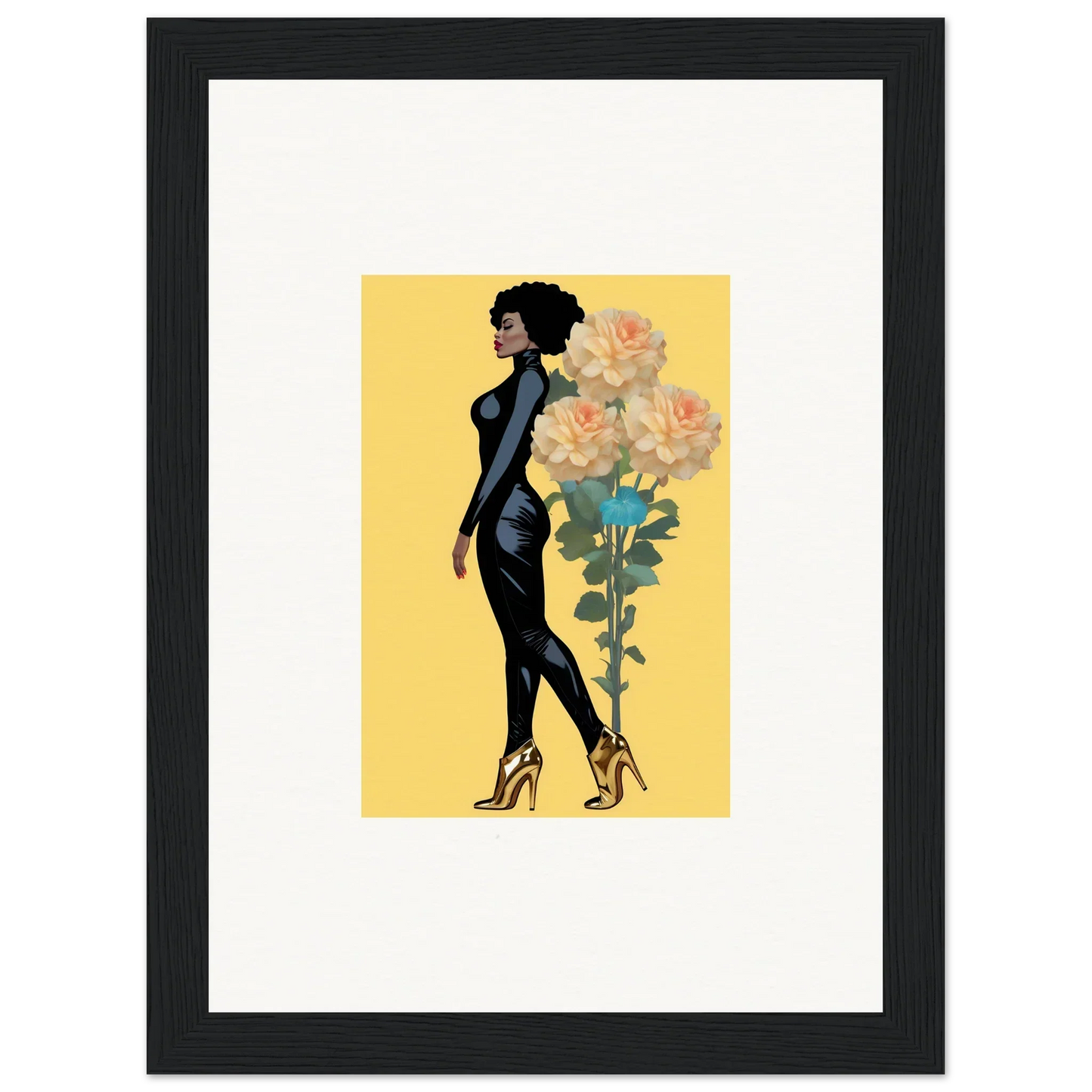 Stylized illustration of a woman in black dress with flowers, perfect for blooming attire decor