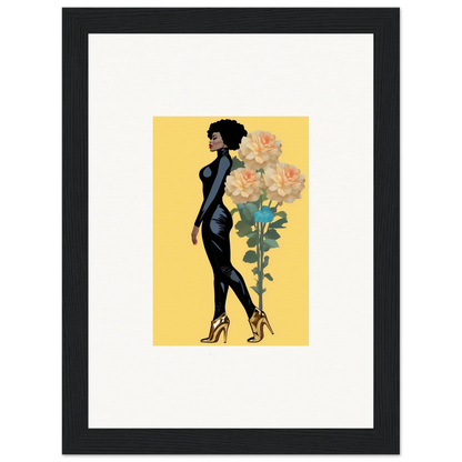 Stylized illustration of a woman in black dress with flowers, perfect for blooming attire decor