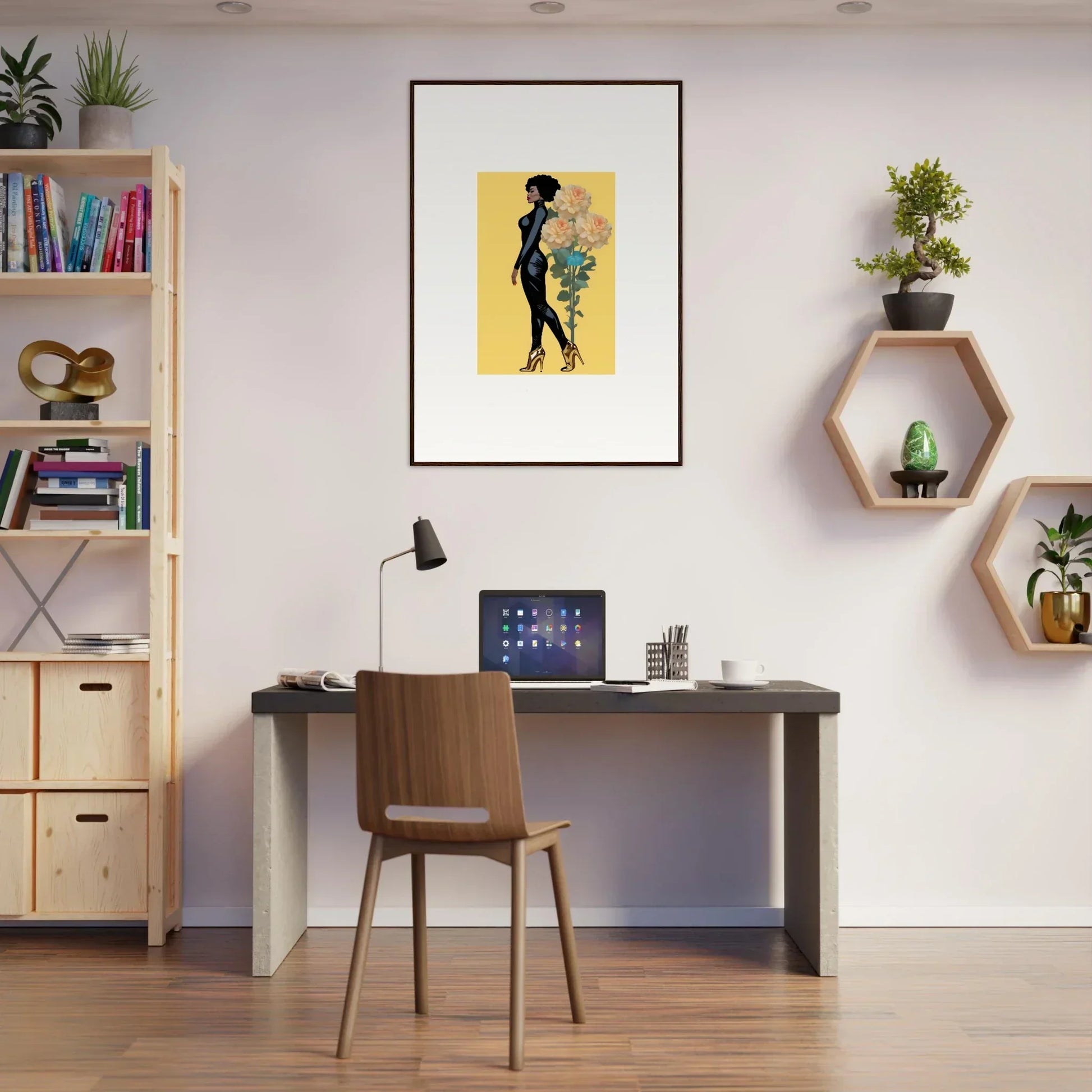 Modern home office with blooming attire decor and stylish canvas prints on the wall