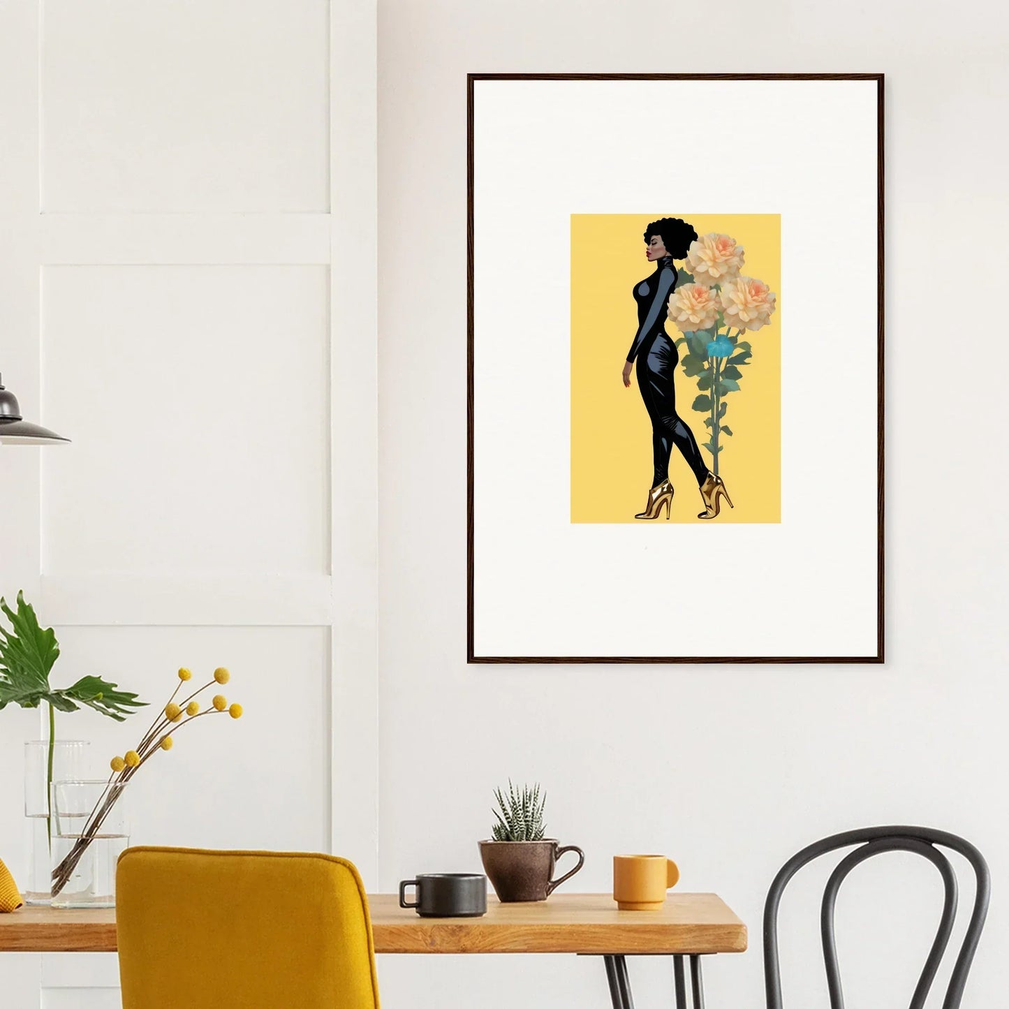 Framed canvas print of a woman silhouette with flowers, perfect for blooming attire decor