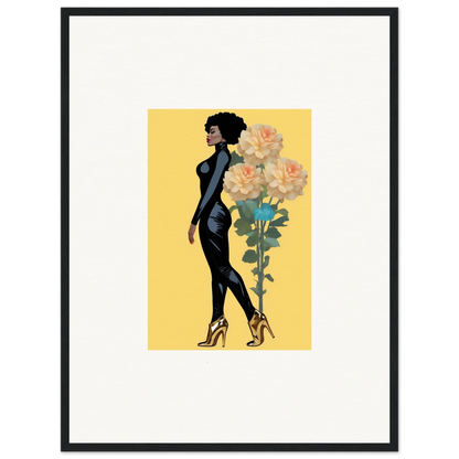 Stylized woman in a black dress beside large flowers, perfect for blooming attire decor