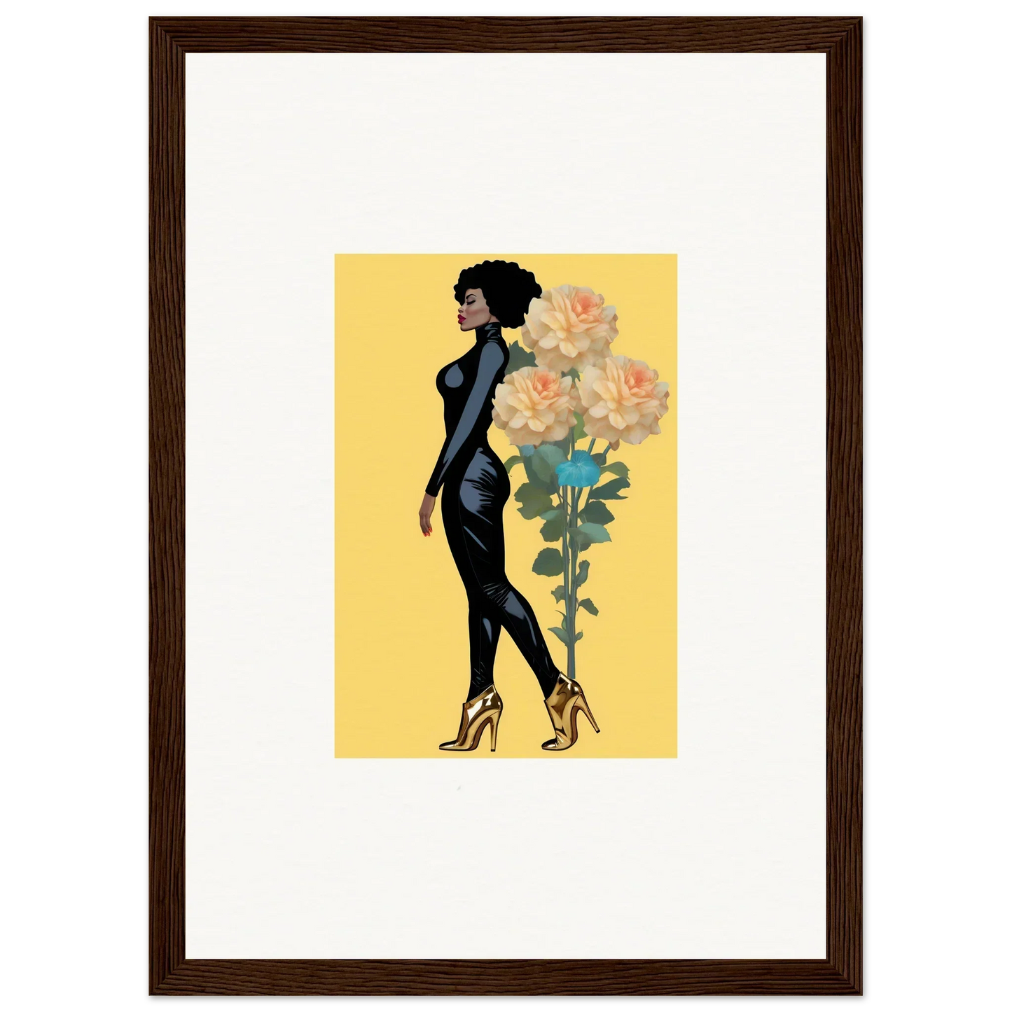 Stylized illustration of a Black woman in blooming attire with roses, perfect for room decoration