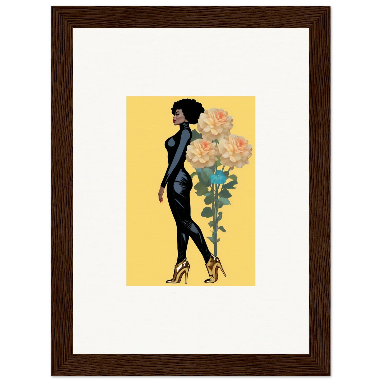 Stylized illustration of a woman in black dress with yellow roses, perfect for blooming attire canvas print