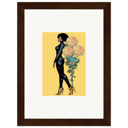 Stylized illustration of a woman in black dress with yellow roses, perfect for blooming attire canvas print