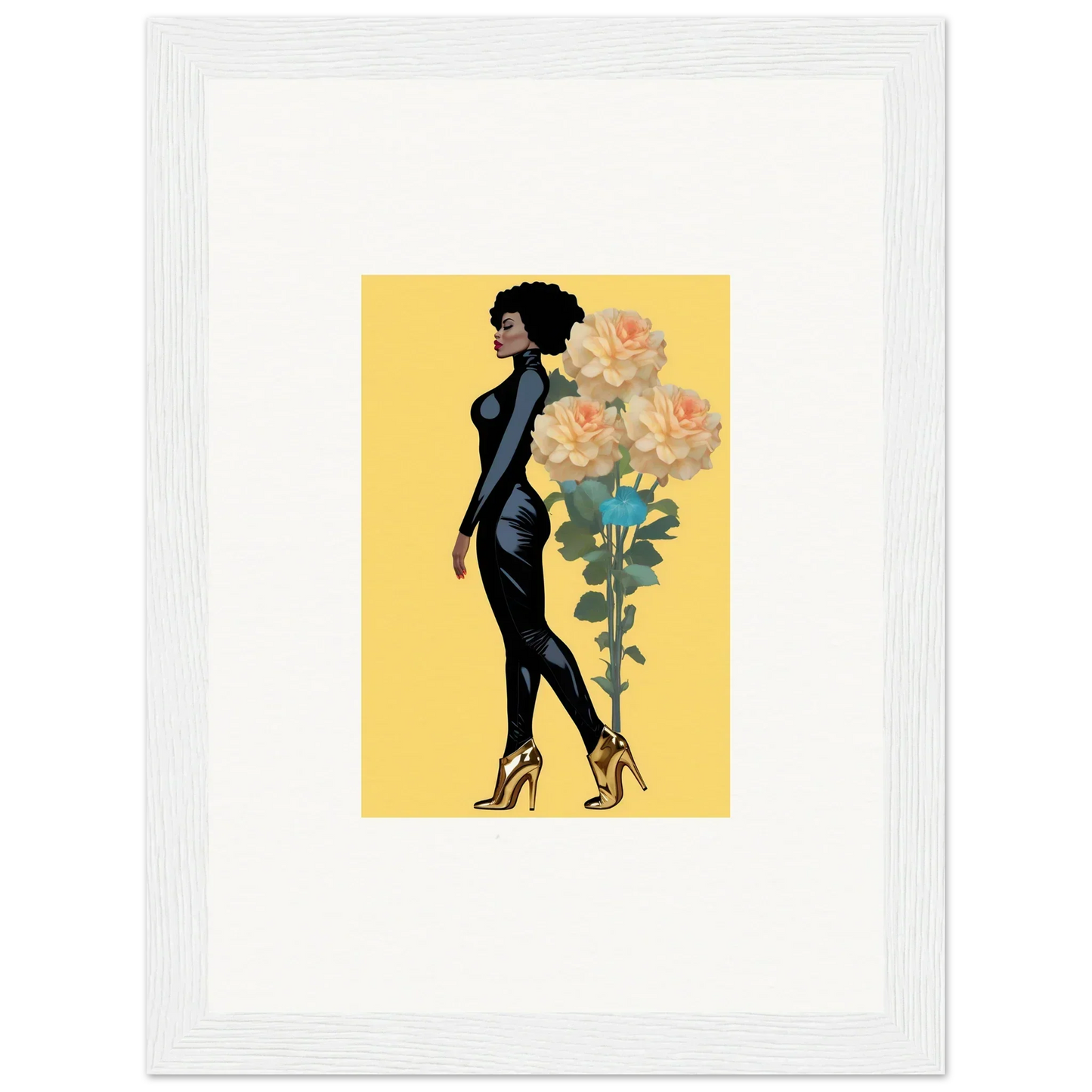 Stylized silhouette of a woman in blooming attire beside vibrant flowers for room decoration