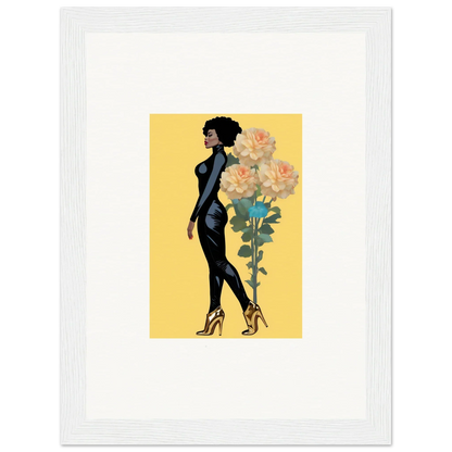 Stylized silhouette of a woman in blooming attire beside vibrant flowers for room decoration