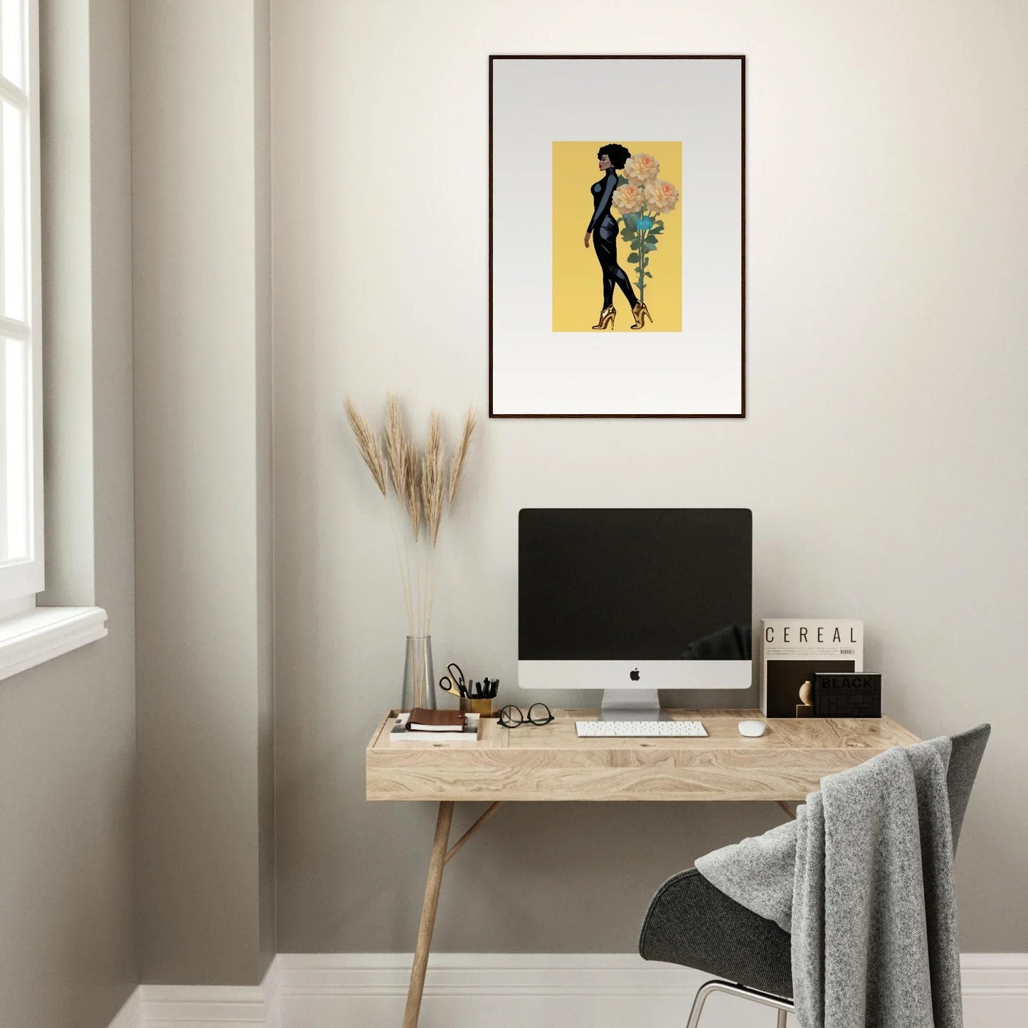 Minimalist home office with a wooden desk, computer, and Whispers Blooming Attire canvas print