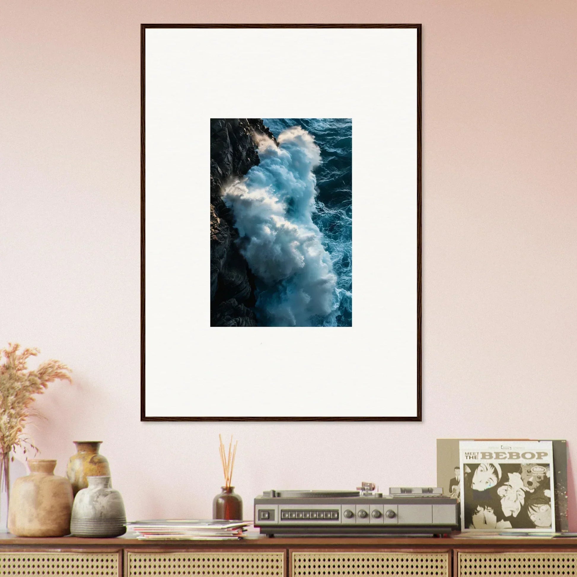 Framed wall art of crashing ocean waves, perfect for coastal room decor