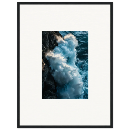 Powerful ocean wave crashing against rocky cliff in framed wall art for room decor