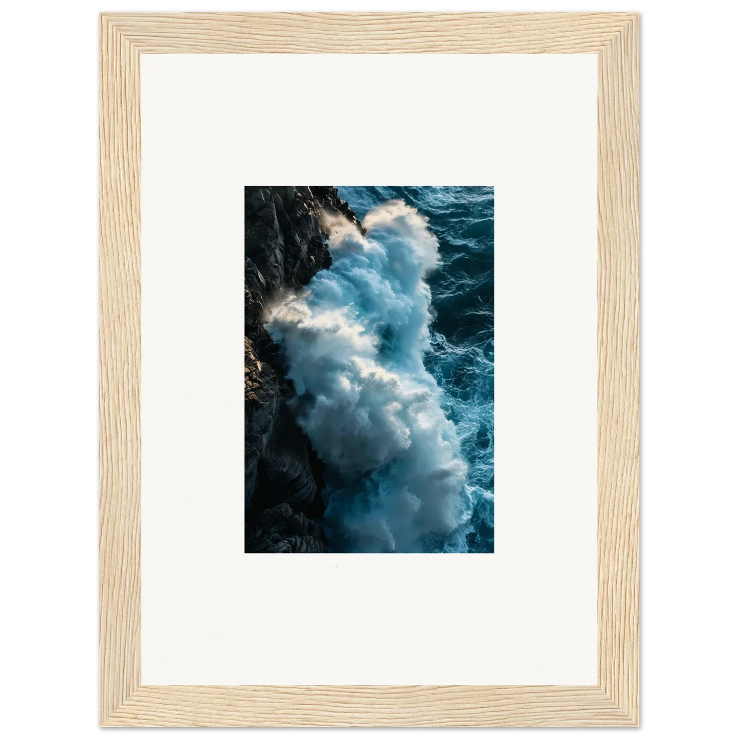 Framed wall art featuring crashing ocean waves on a rocky coastline for stunning room decor