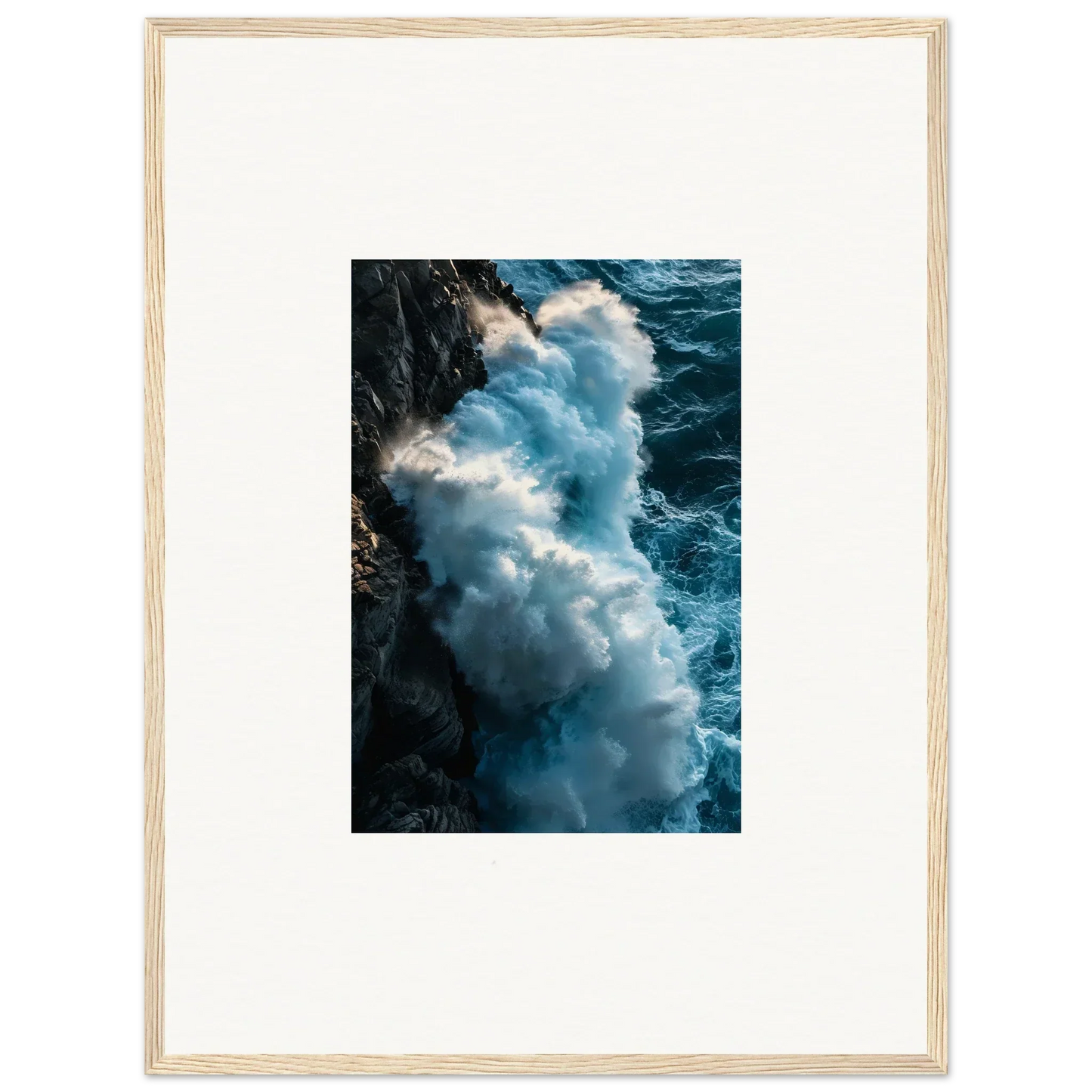 Powerful ocean wave crashing on rocky cliff, perfect for framed wall art room decor