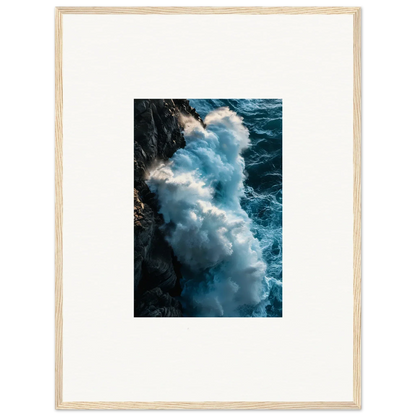 Powerful ocean wave crashing on rocky cliff, perfect for framed wall art room decor