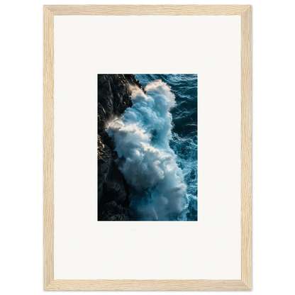 Crashing ocean wave against rocky cliffs for stunning room decor or framed wall art