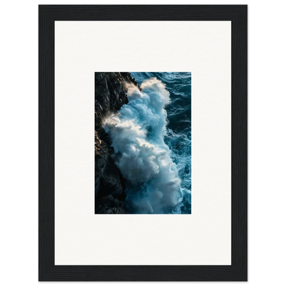 Crashing ocean wave against a rocky cliff in framed wall art for stunning room decor