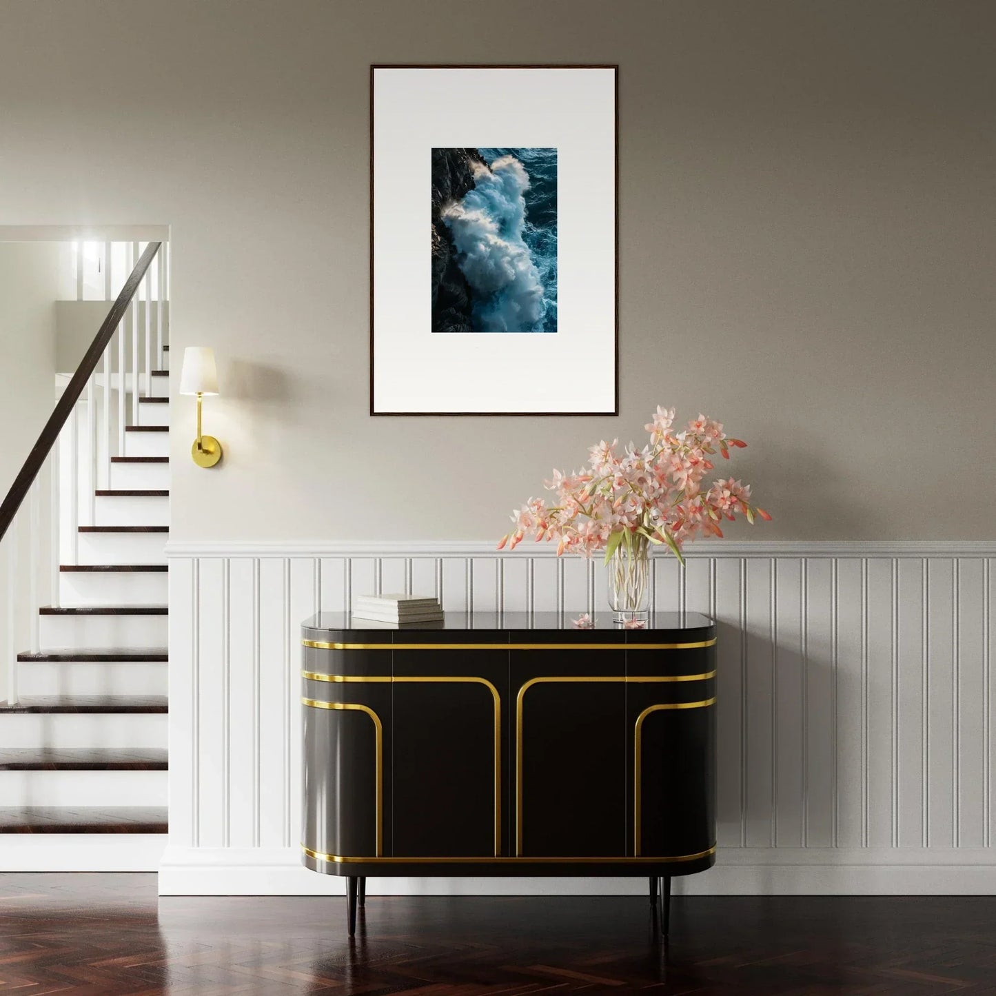 Elegant black and gold console table with wall art beneath a cloud photograph