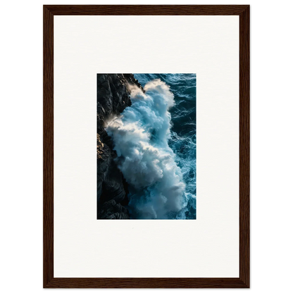 Powerful ocean wave crashing on rocky coastline in framed wall art for room decor