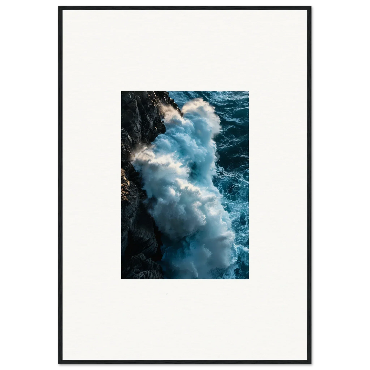 Powerful ocean wave crashing against a rocky cliff, ideal for framed wall art