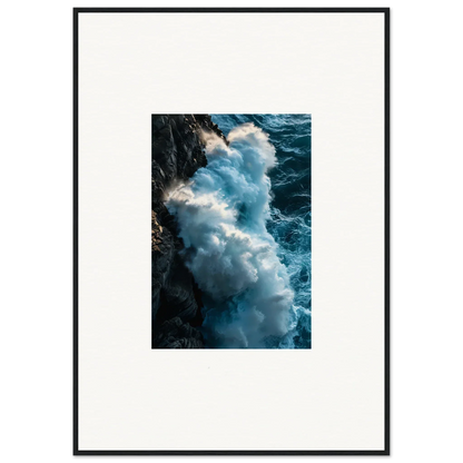 Powerful ocean wave crashing against a rocky cliff, ideal for framed wall art