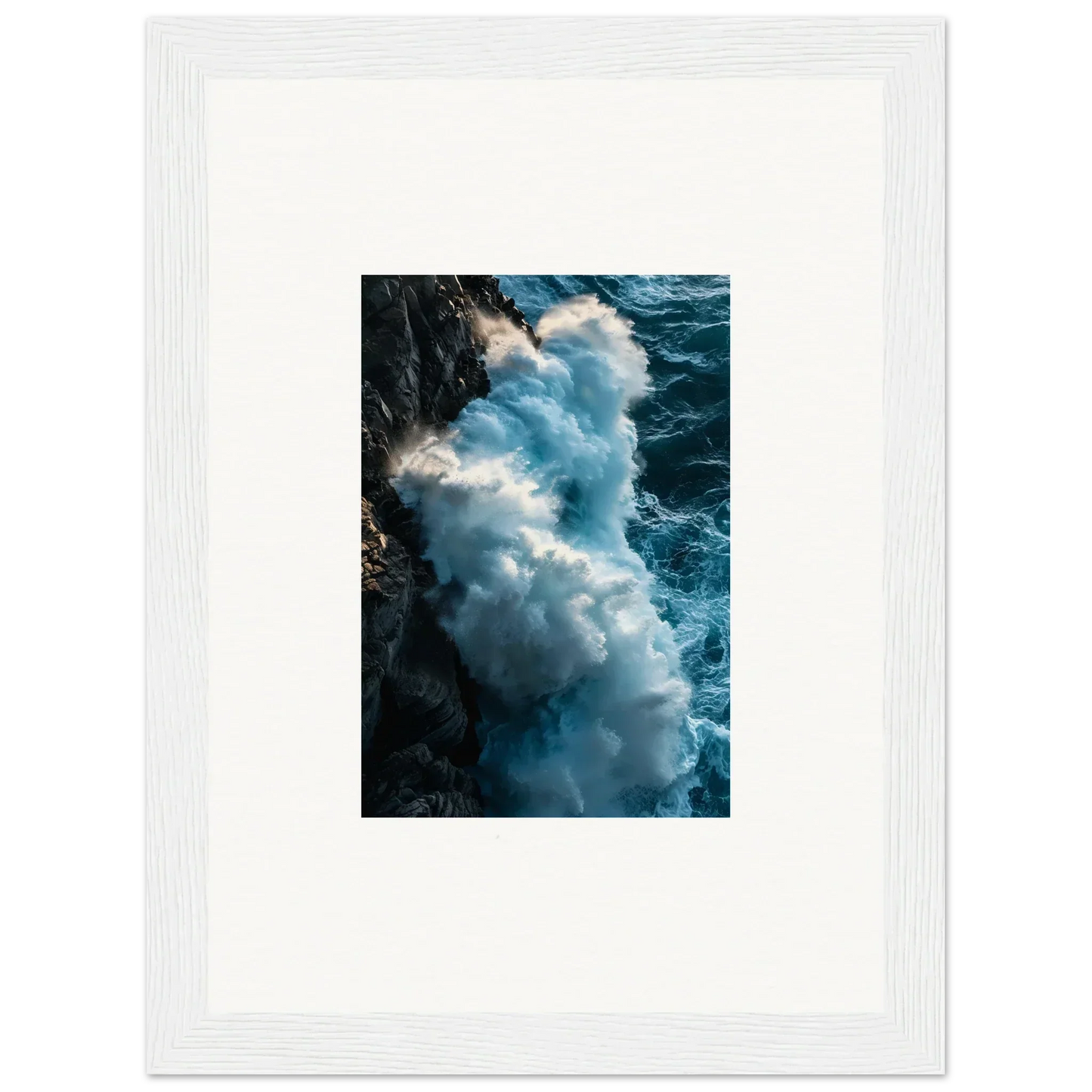 Crashing ocean waves at a rocky coastline in framed wall art perfect for room decor