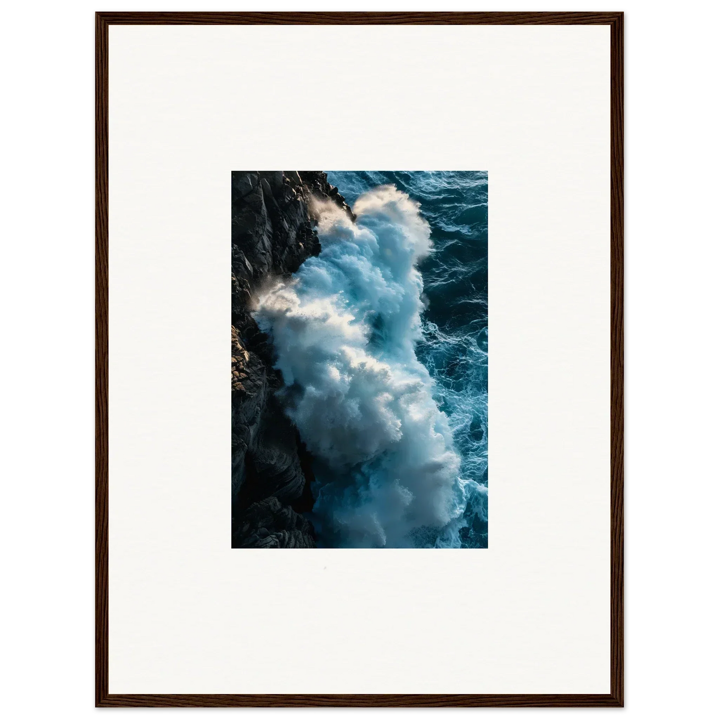 Powerful ocean wave crashing on a rocky cliff, perfect for framed wall art and room decor