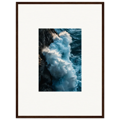 Powerful ocean wave crashing on a rocky cliff, perfect for framed wall art and room decor