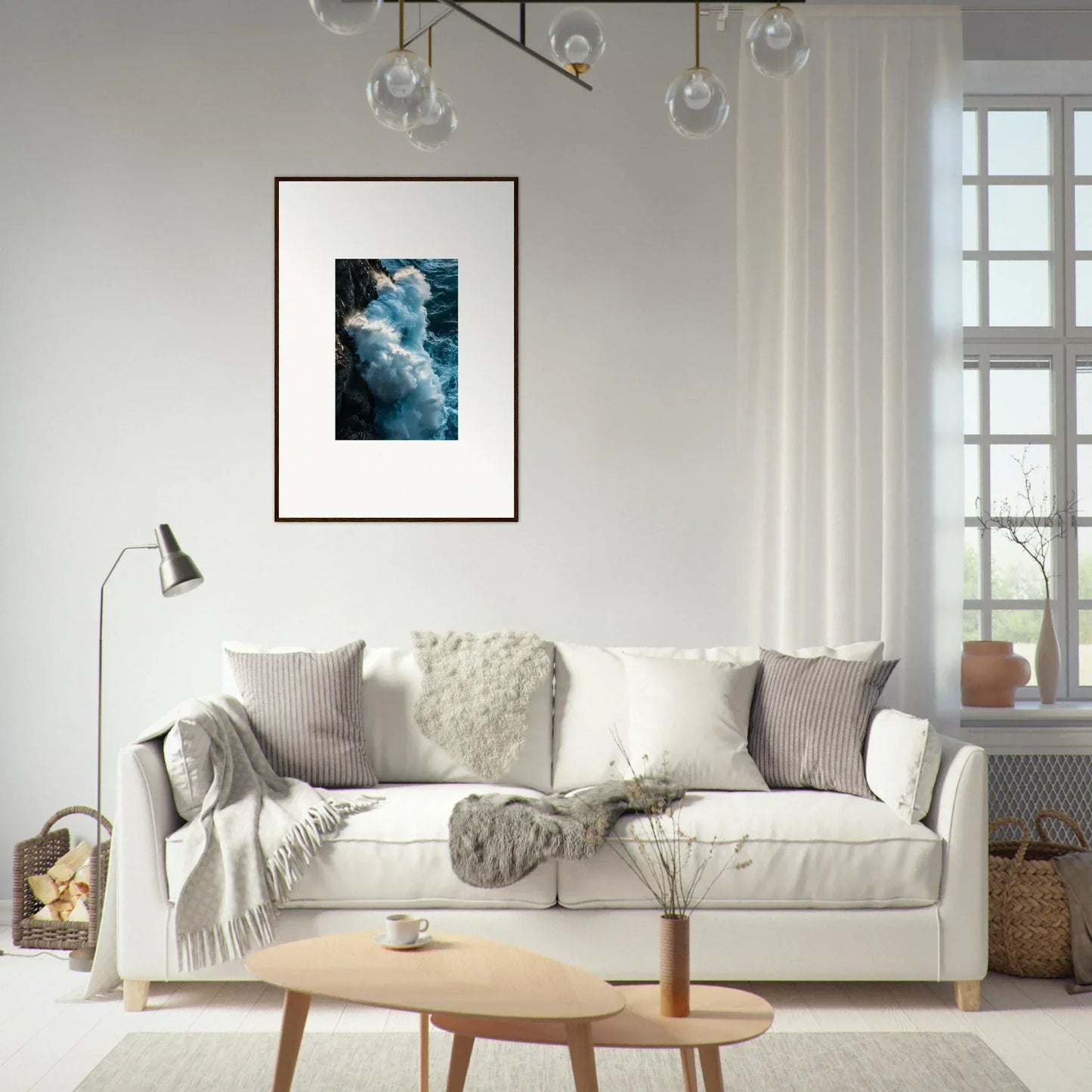 White sofa with throw pillows and blankets enhancing room decor with Whispers of Blue