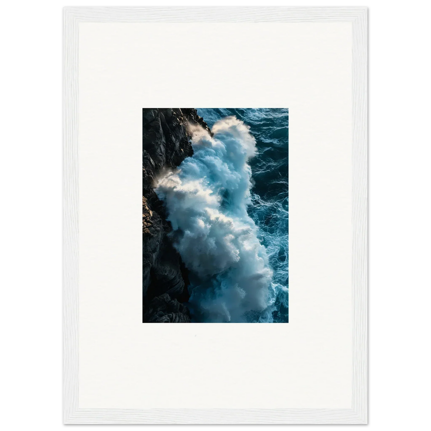 Crashing ocean waves on a rocky coastline in beautiful framed wall art for room decor