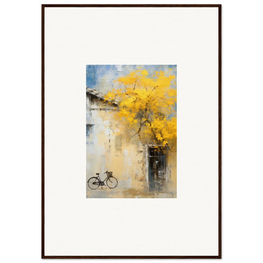 Framed watercolor of a bike under yellow leaves from Whispers Breezing Fernscapes