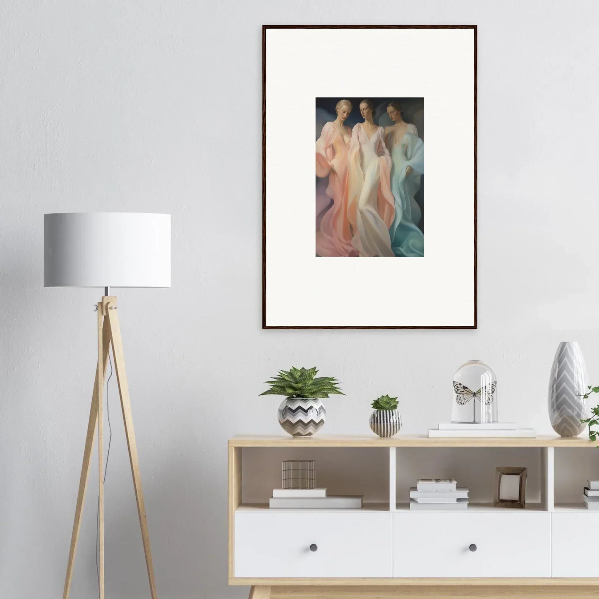 Framed artwork of three ethereal figures in Whispers Silk Susurrus special edition art™