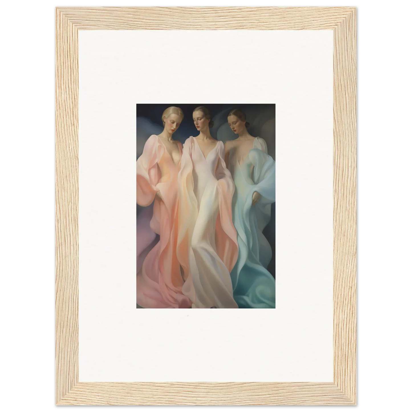 Framed Whispers Silk Susurrus artwork of ethereal figures in pastel-colored silk