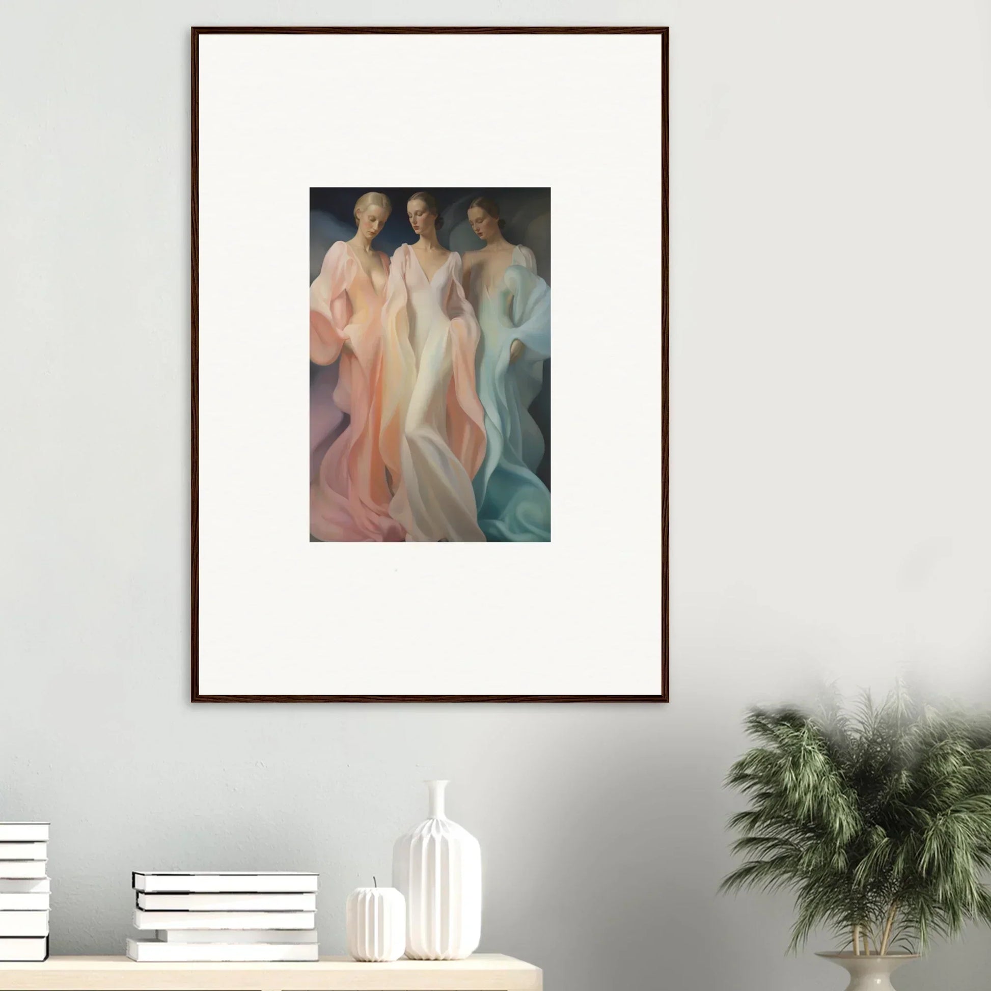 Framed Whispers Silk Susurrus artwork of three ethereal figures in flowing dresses