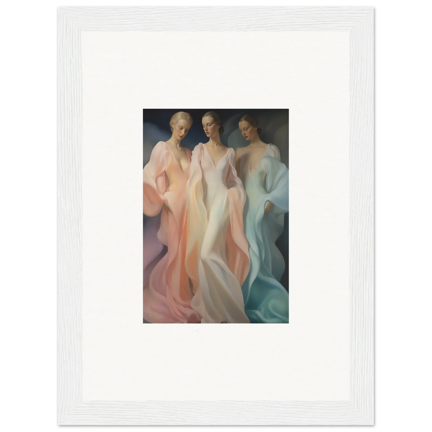 Three ethereal figures in pastel flowing forms dancing in Whispers Silk Susurrus art