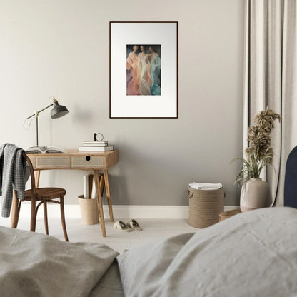 Minimalist bedroom with Whispers Silk Susurrus, wooden desk, lamp, and framed art